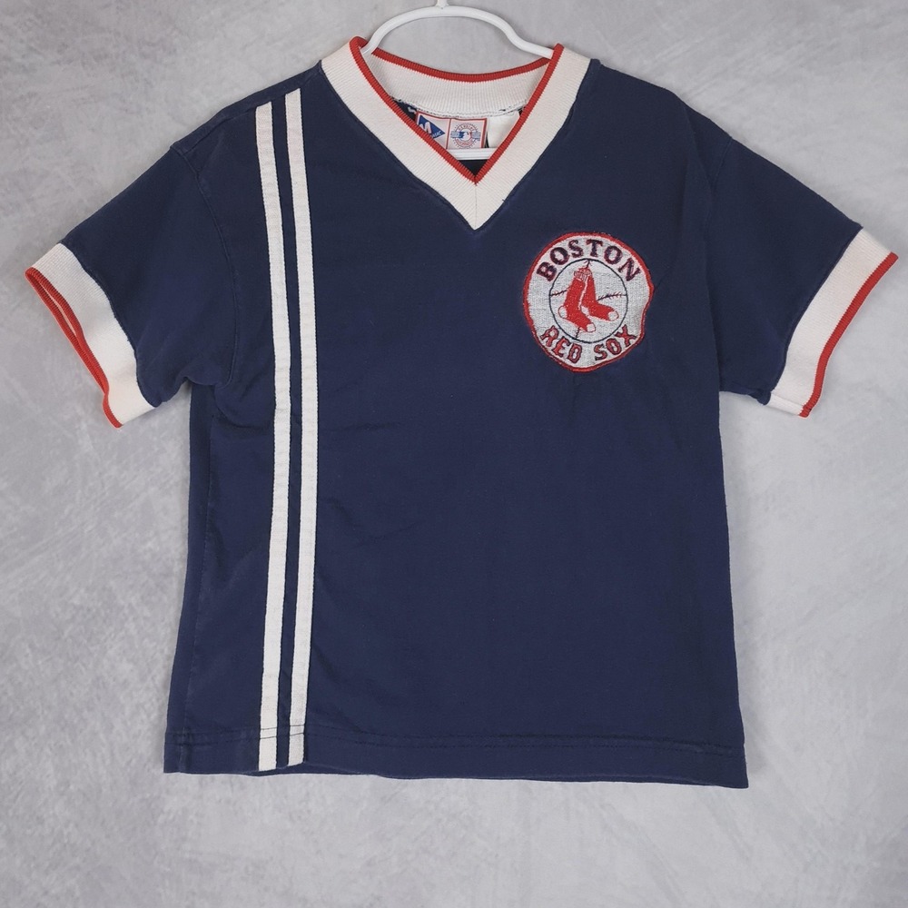 Vintage Boston Red Sox Shirt Boys 7 Blue MLB Baseball Mighty-Mac V-Neck